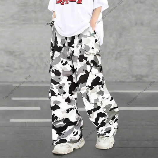 Unisex White Grey Camo Cargo Pants – Baggy Parachute Style for Men & Women