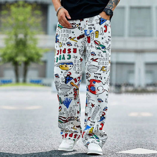 White Colorful Text Straight Pants for Men & Women