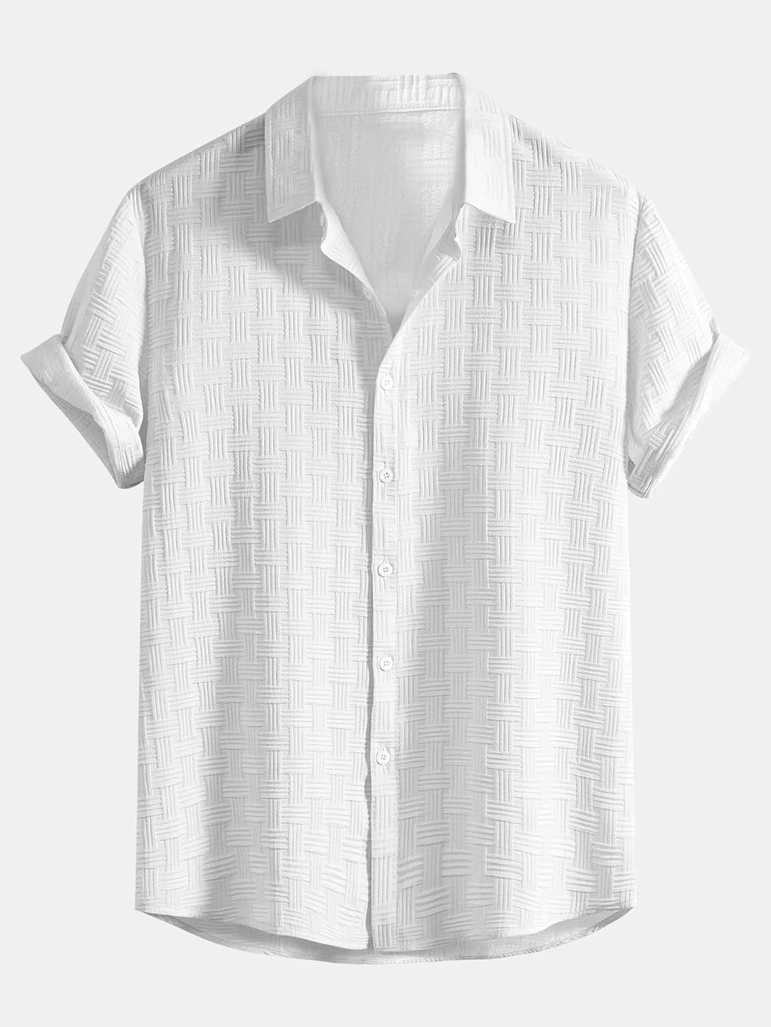 Men’s Textured White Short Sleeve Casual Shirt