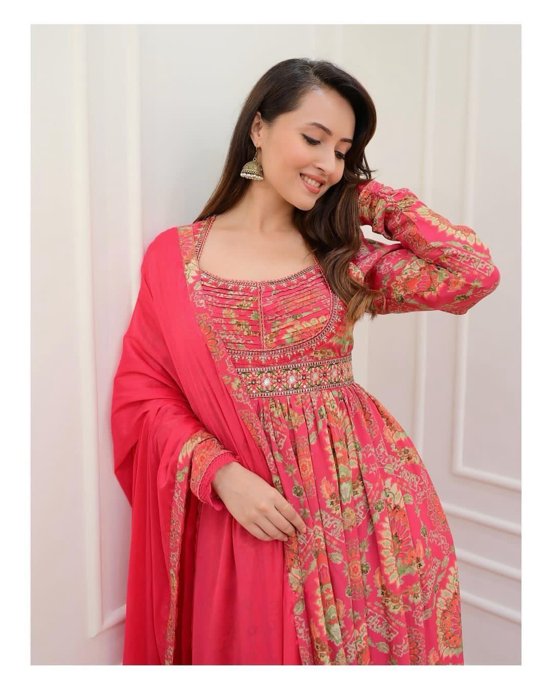 Pink Anarkali suit set with mirror work