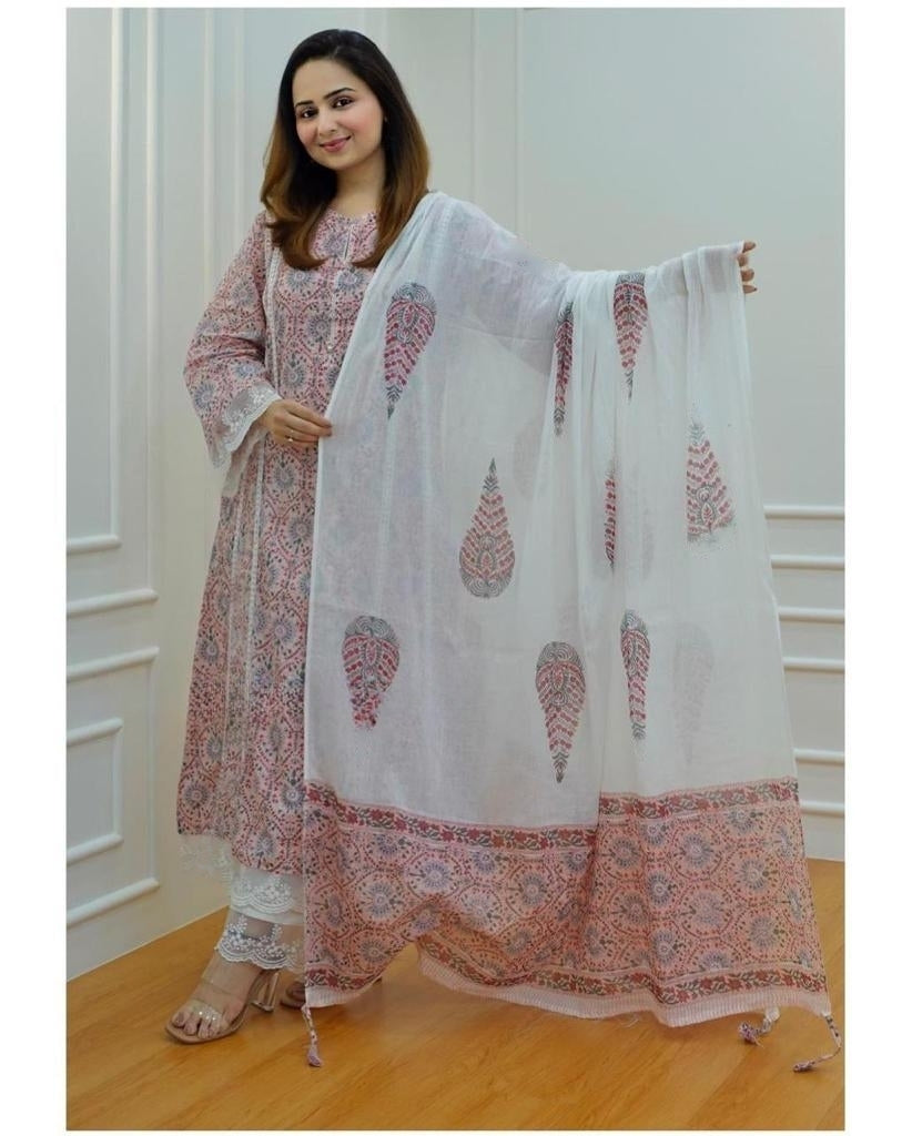 Pakistani A-line cotton suit kurta set with dupatta