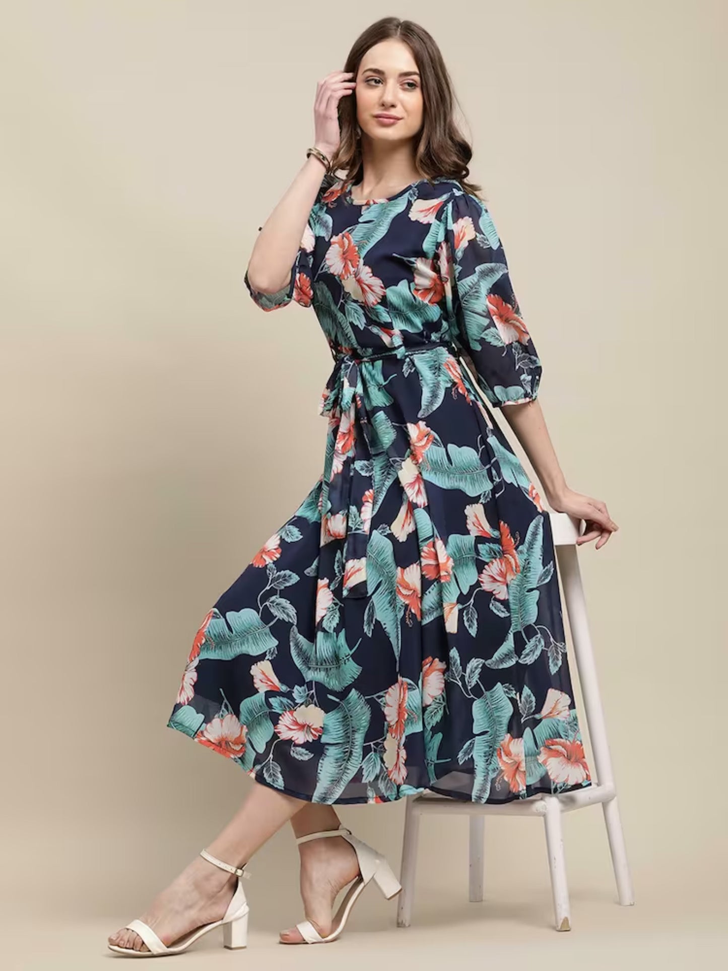 Floral Blue printed Georgette  long top for women.