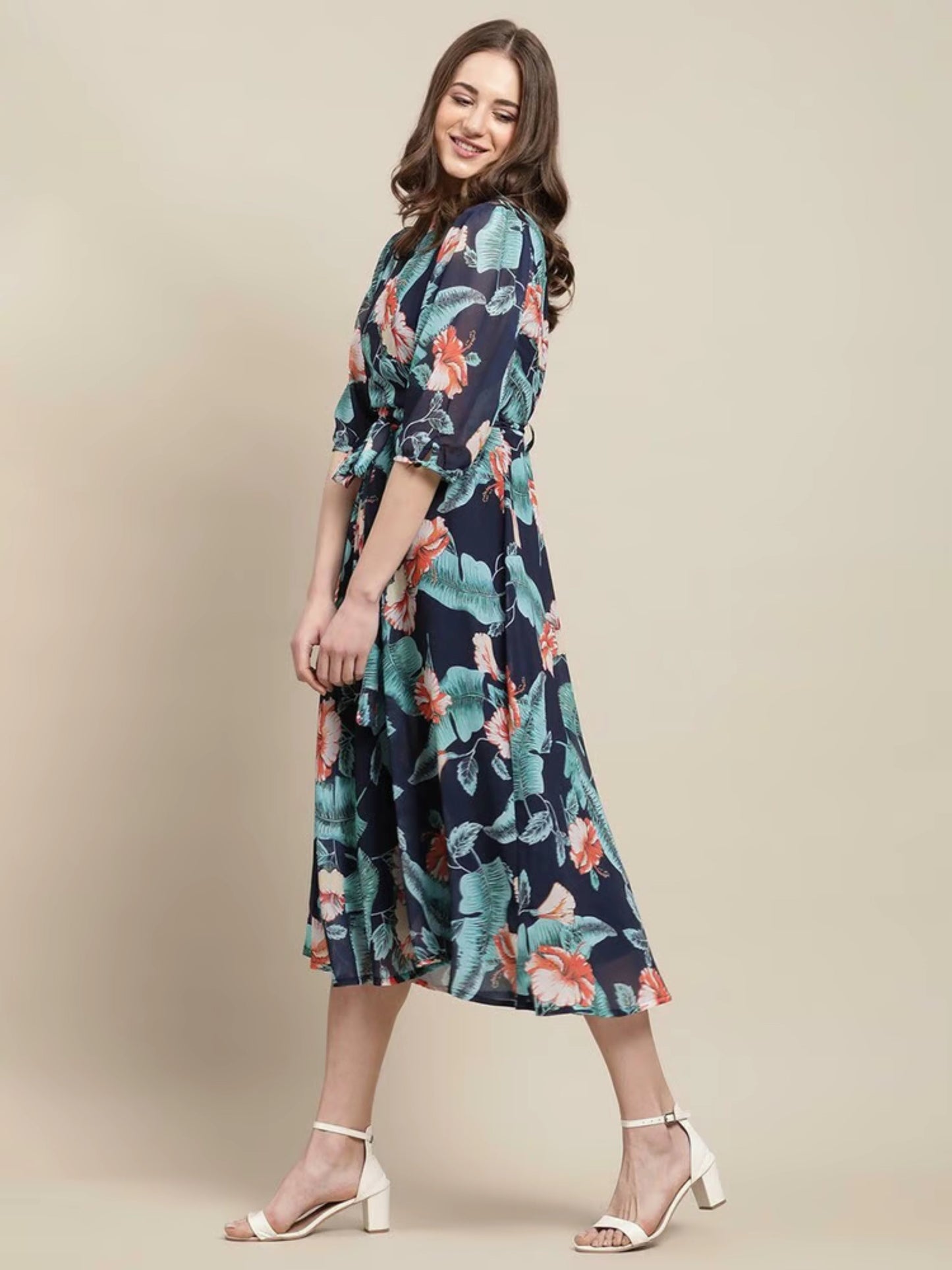 Floral Blue printed Georgette  long top for women.