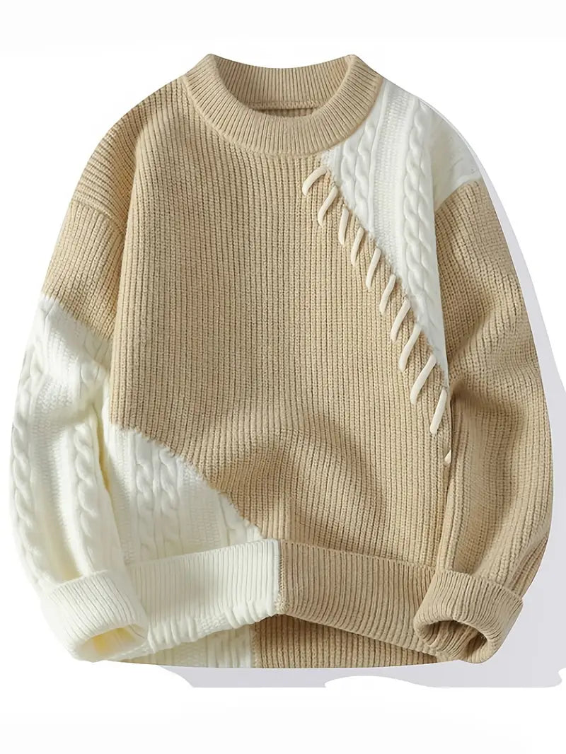 Commisely Two-Tone Patchwork Knitted Sweater – Beige & Ivory
