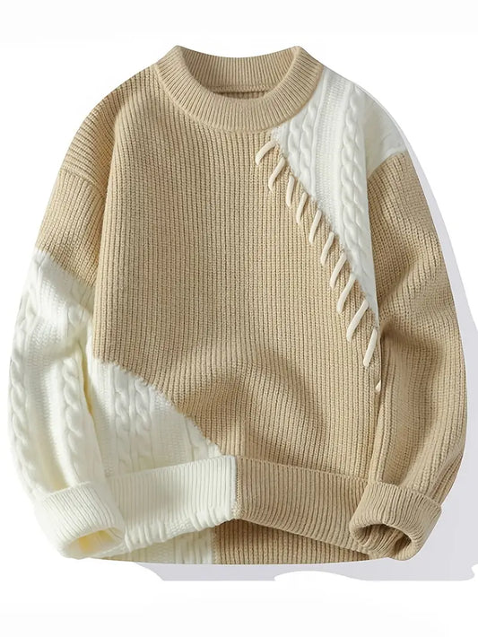 Commisely Two-Tone Patchwork Knitted Sweater – Beige & Ivory