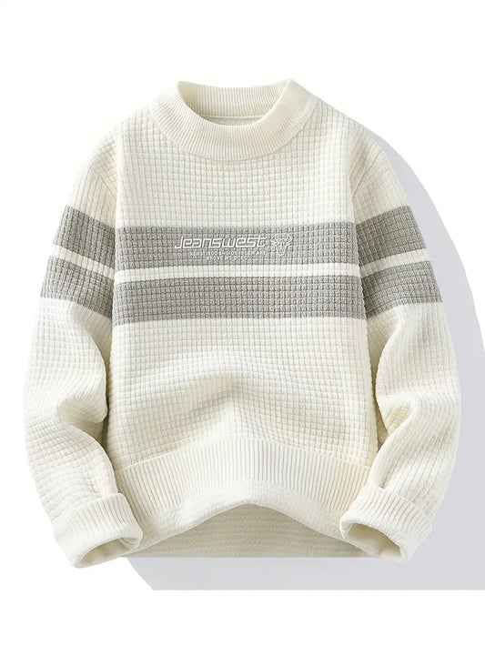 Commisely Textured Knit Sweater – Cream & Gray Block Stripe