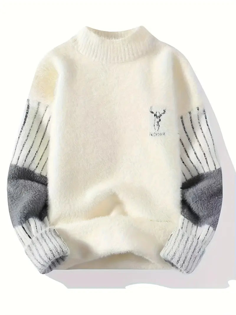 Commisely Deer Embroidered Knitted Sweater – Cream & Gray