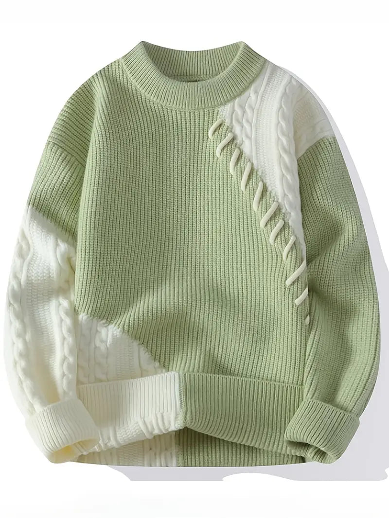 Commisely Two-Tone Patchwork Knitted Sweater – Beige & Ivory