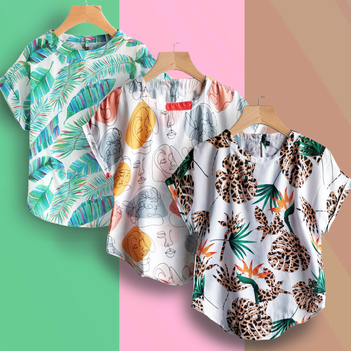Stylish Abstract Faces,Banana Leaf & Panther Palm Tops Combo For Women & Girls (Pack of 3)