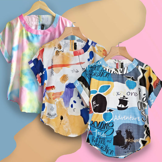 Stylish Tie Dye,Abstract Orange & Adventure Rain Tops Combo For Women & Girls (Pack of 3)