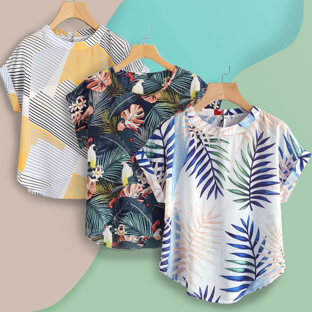 Stylish Tropical Leaf, Zig Zag Ylw & Dodo Leaf Tops Combo For Women & Girls (Pack of 3)