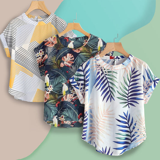 Stylish Tropical Leaf, Zig Zag Ylw & Dodo Leaf Tops Combo For Women & Girls (Pack of 3)