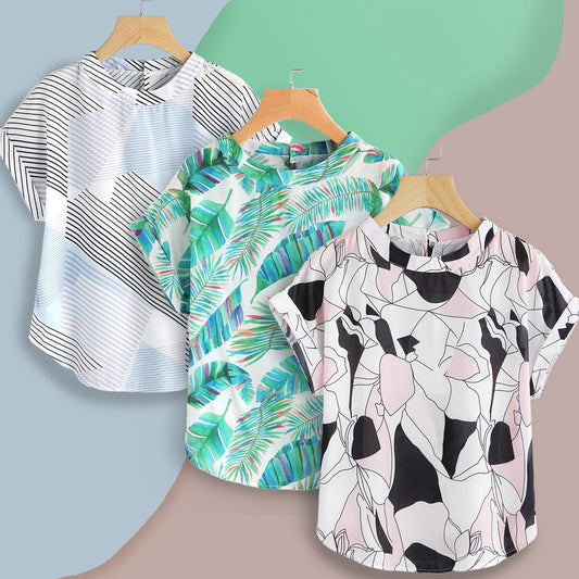 Stylish Zig Zag Sky ,Pink Abstract & Banana Coconut Tops Combo For Women & Girls (Pack of 3)