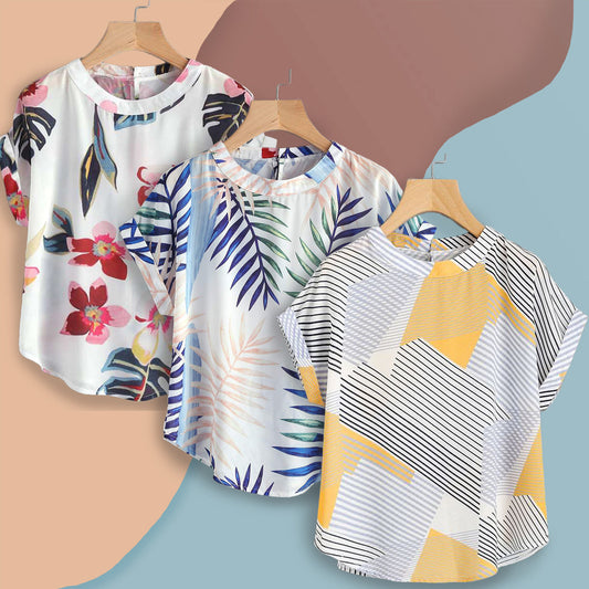 Stylish White Flo-Leaf, Tropical & Zig Zag Ylw Tops Combo For Women & Girls (Pack of 3)
