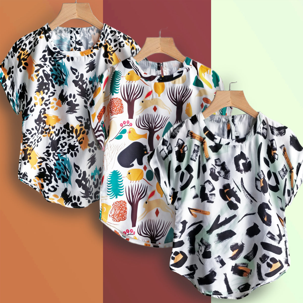 Stylish Foot Print, Cute Ani & Paint Brush Tops Combo For Women & Girls (Pack of 3)