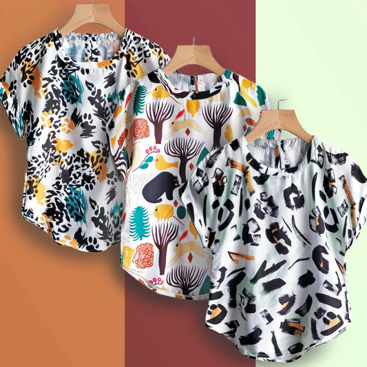 Stylish Foot Print, Cute Ani & Paint Brush Tops Combo For Women & Girls (Pack of 3)