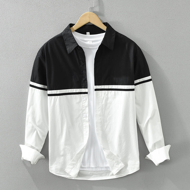 Men's Black & White Patchwork Long Sleeve Shirt
