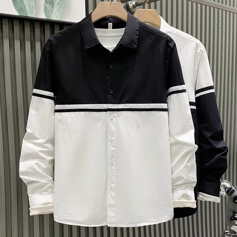 Men's Black & White Patchwork Long Sleeve Shirt