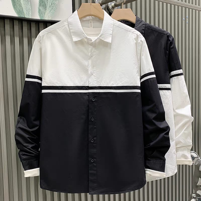 Men's White & Black Patchwork Long Sleeve Shirt