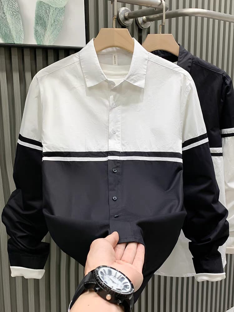 Men's White & Black Patchwork Long Sleeve Shirt