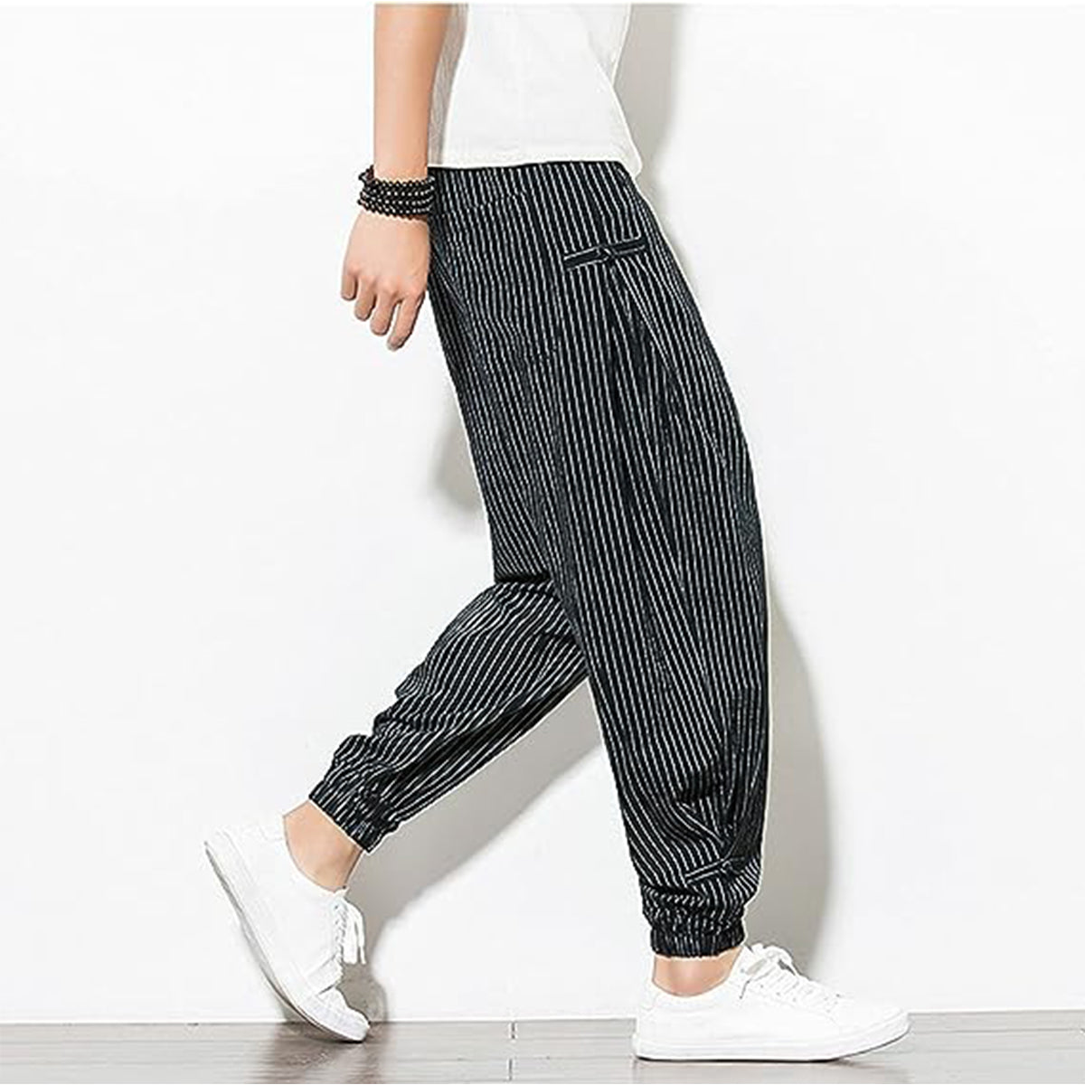 Men's Pants Loose Thin Black  & Grey Striped Jogger Breathable Casual Harem Combo (Pack of 2)