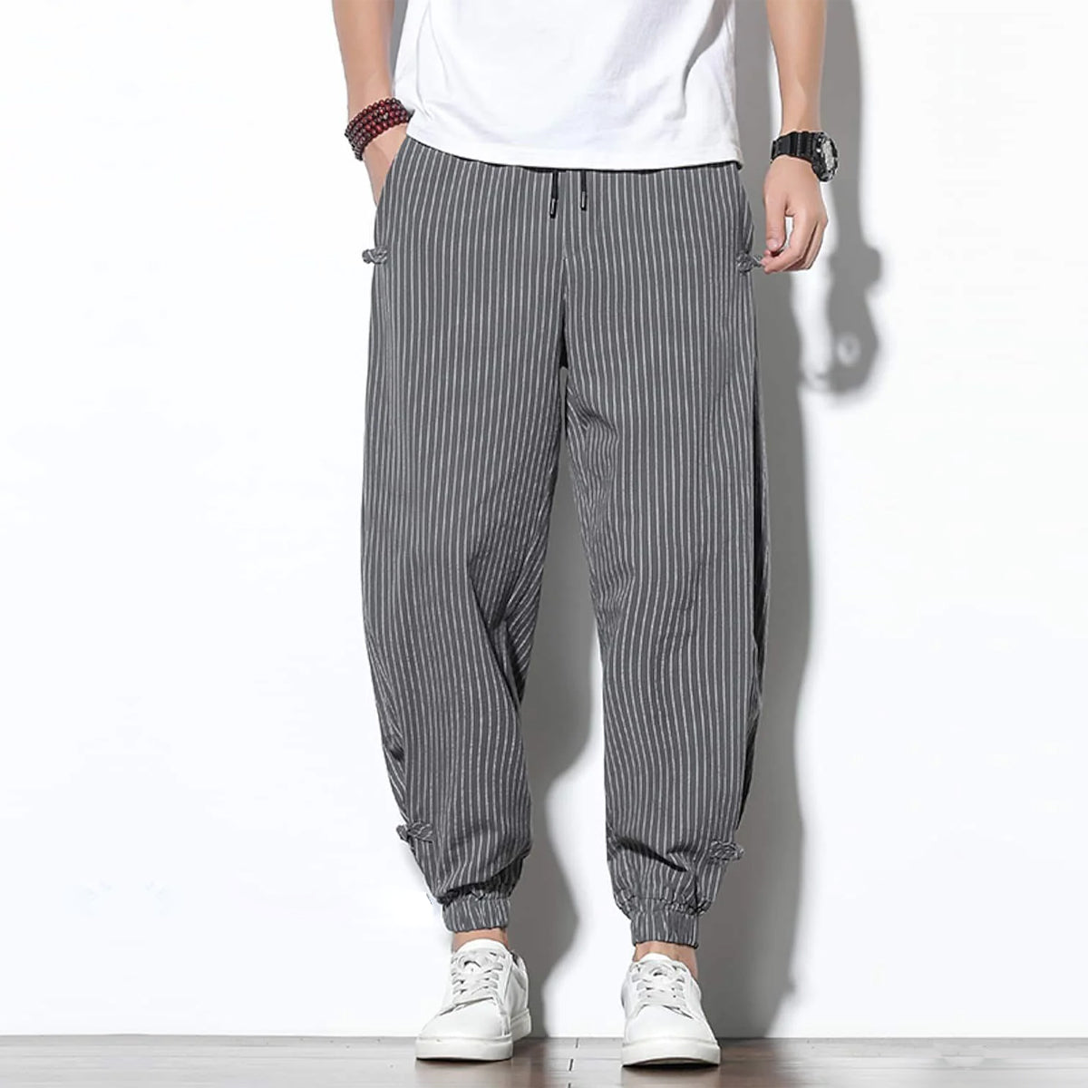 Men's Pants Loose Thin Black  & Grey Striped Jogger Breathable Casual Harem Combo (Pack of 2)