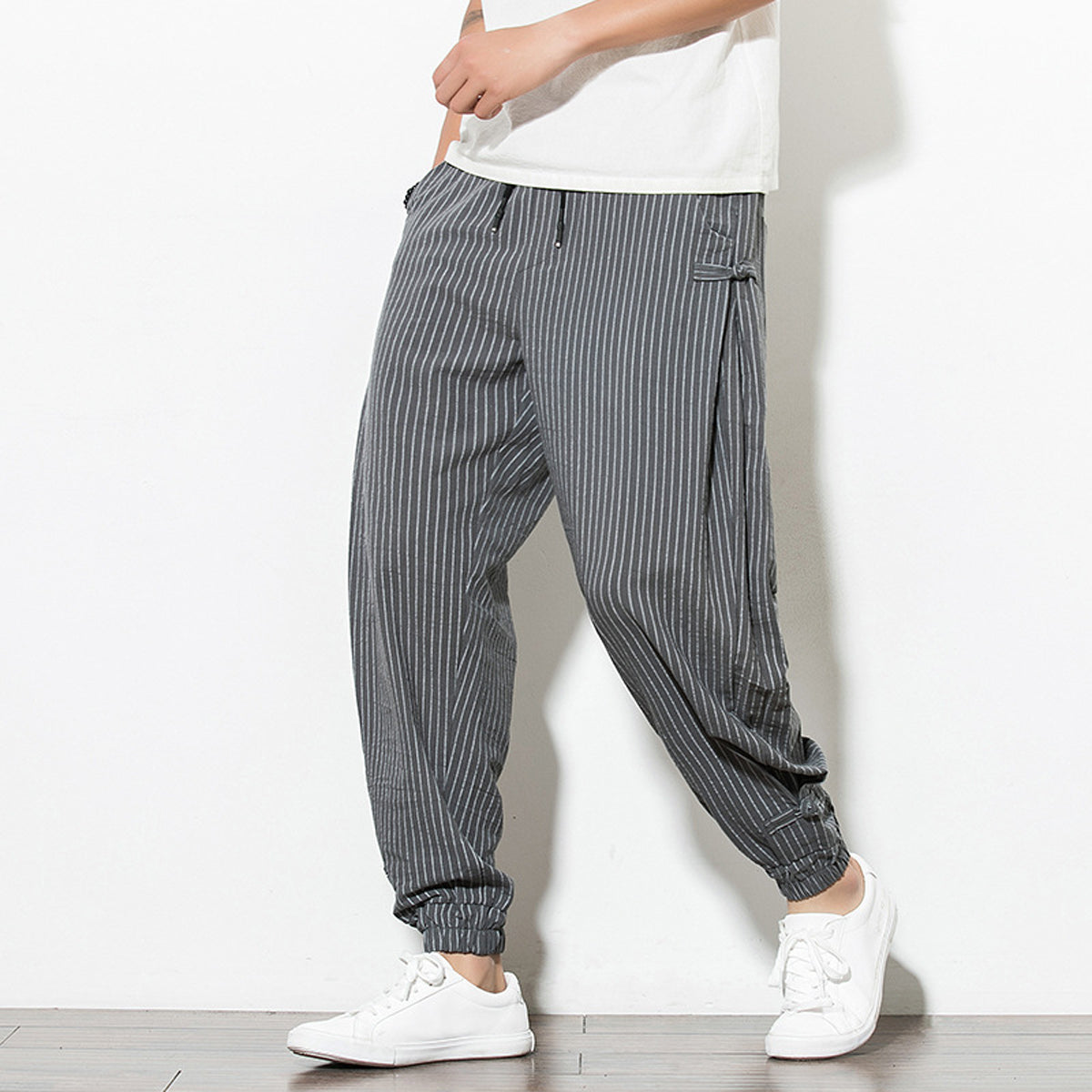 Men's Pants Loose Thin Black  & Grey Striped Jogger Breathable Casual Harem Combo (Pack of 2)