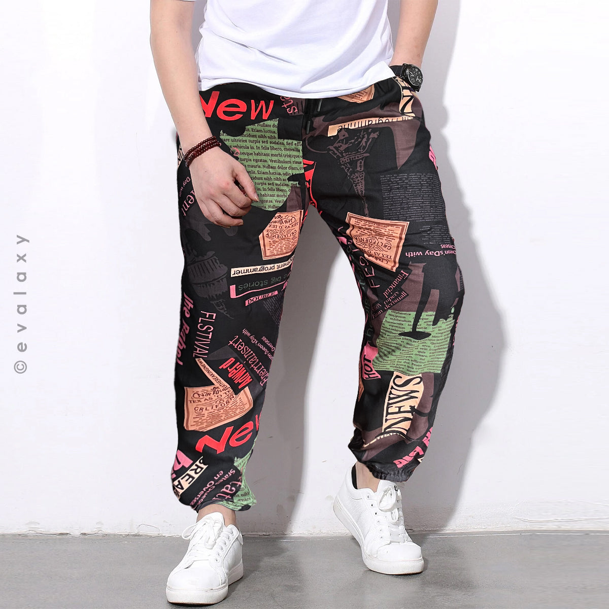 Loose Black News Text Jogger Breathable Casual Harem Pants For Men & Women