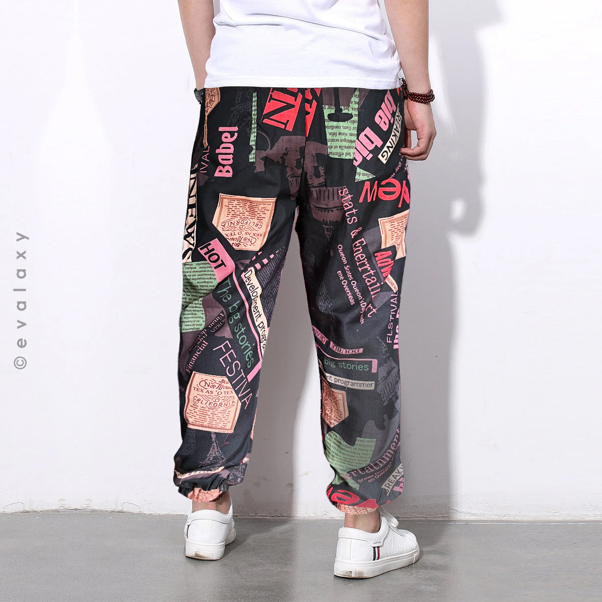 Stylish Loose Geomatric & Black News Text Prints Jogger Breathable Casual Harem Combo (Pack of 2)