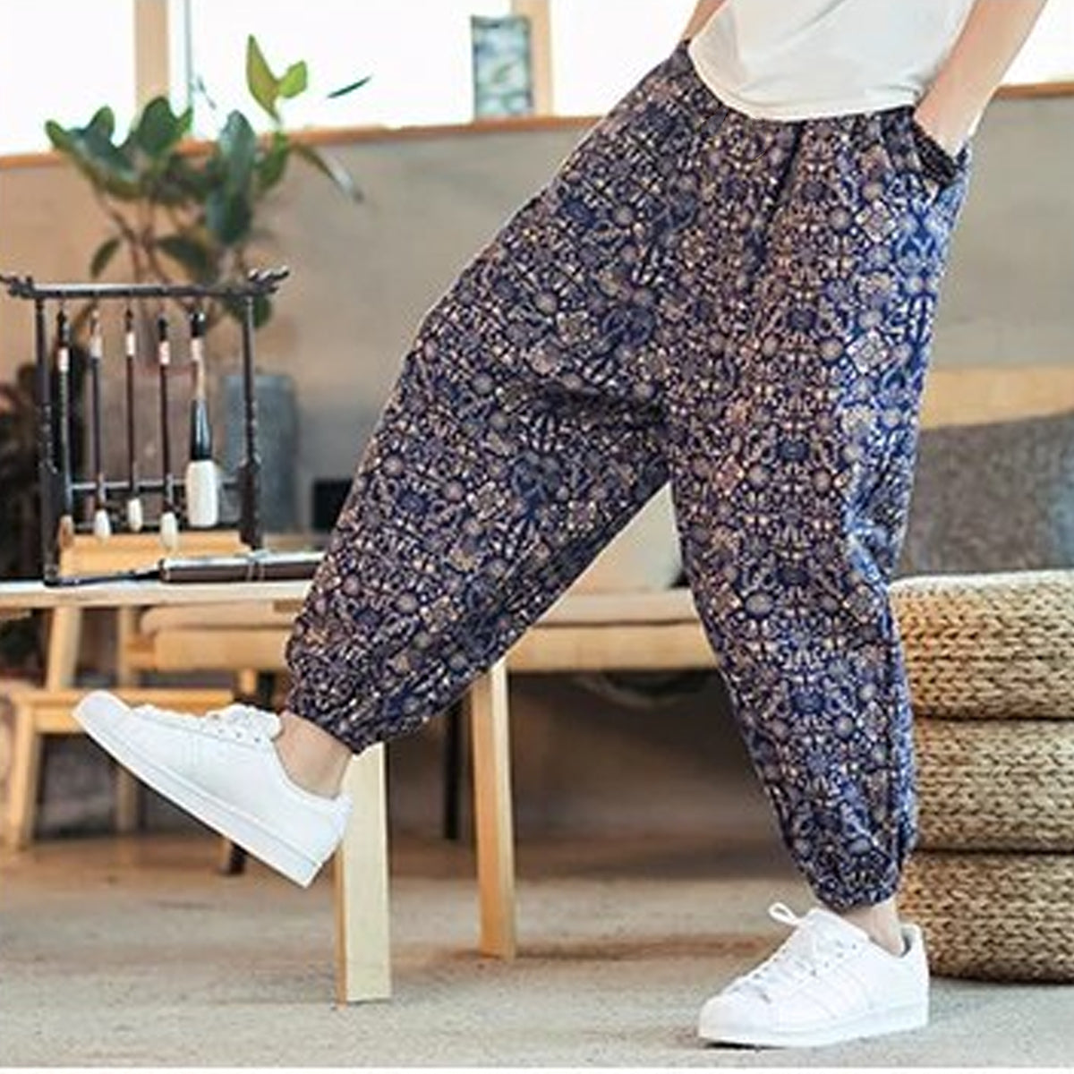 Loose Blue Rangoli Jogger Breathable Casual Harem Pants For Men & Women
