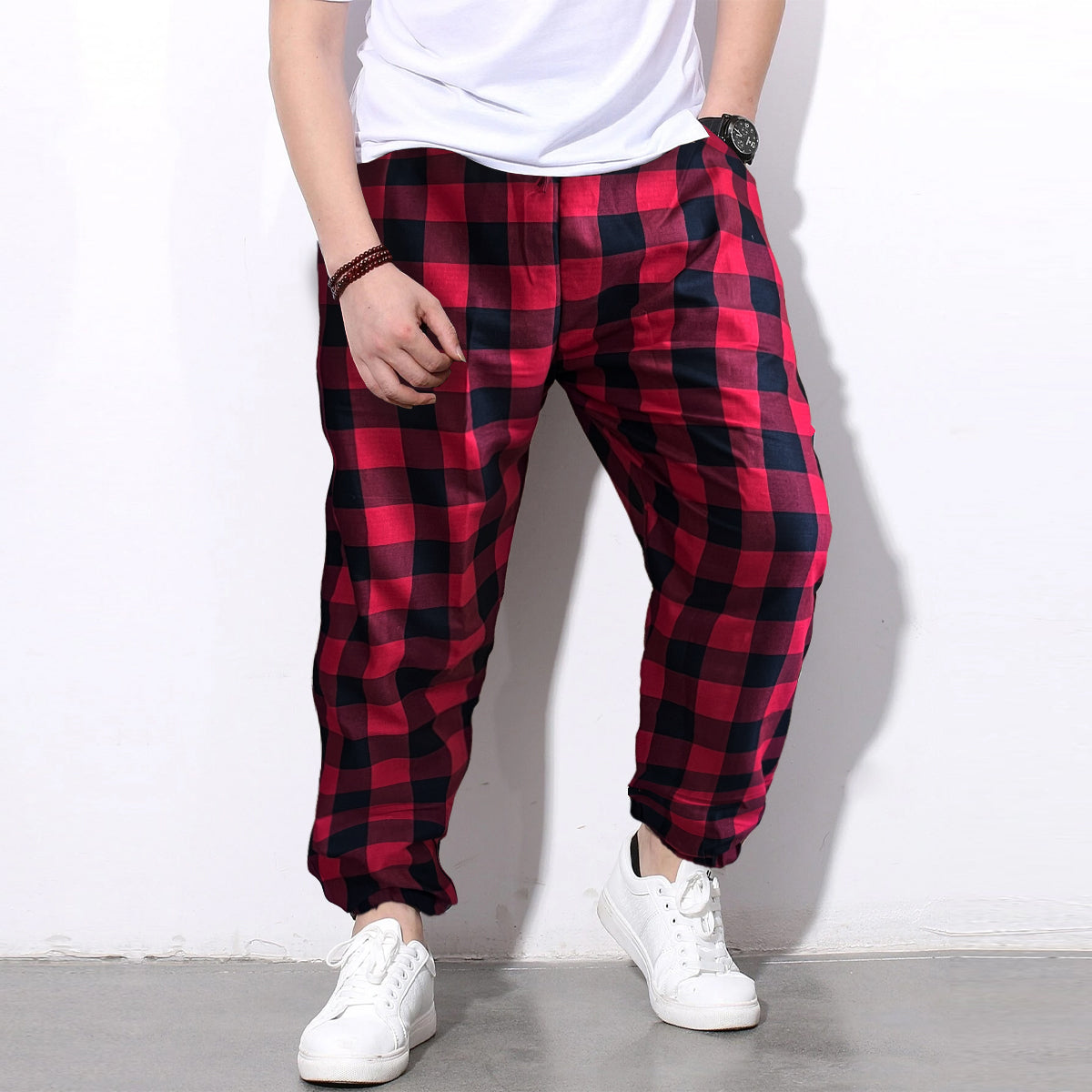 Loose Pants Red Checkered And White Stripped Jogger Breathable Casual Harem Combo-Unisex Pants for Men and Women (Pack of 2)