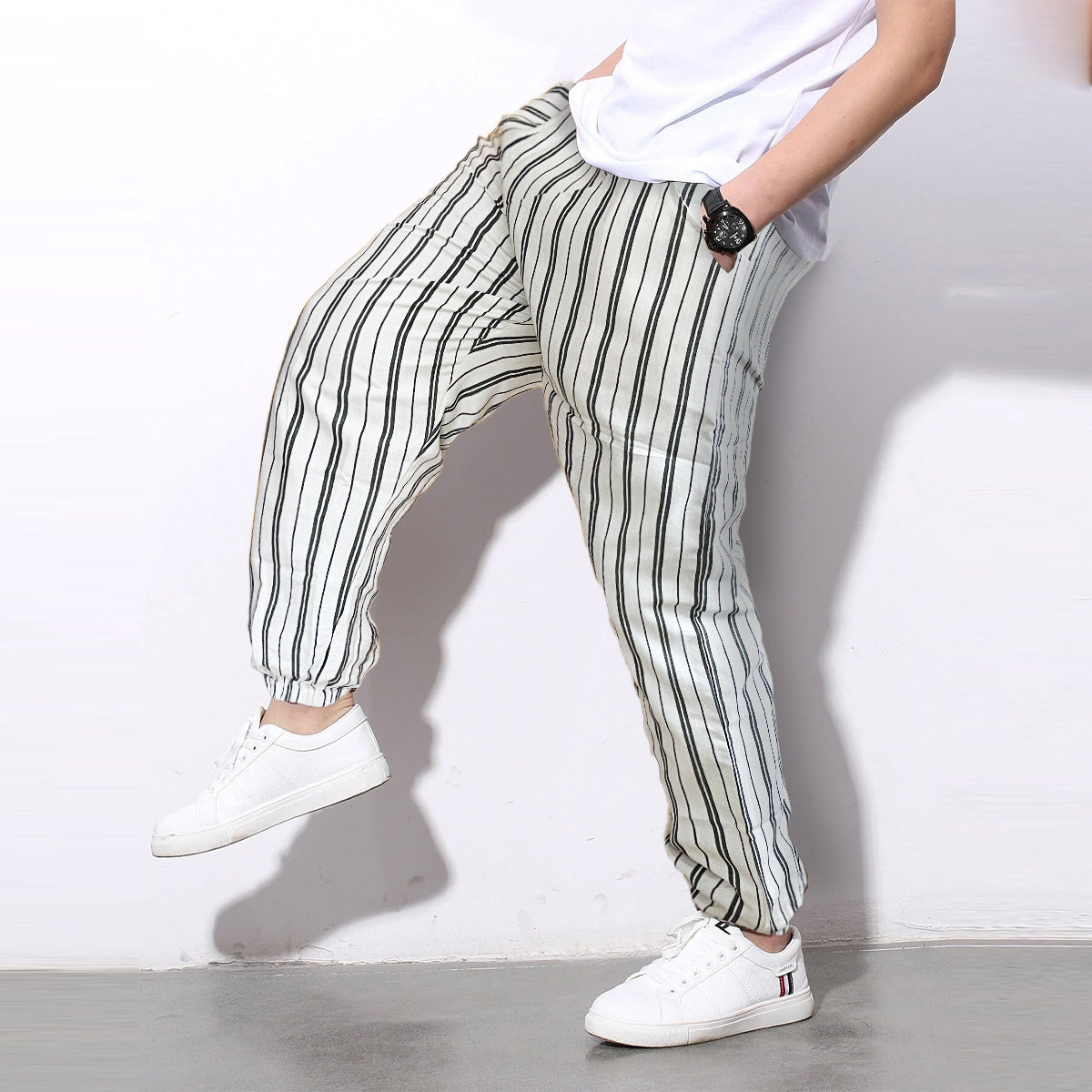 Loose Pants Grey Stripped And White Stripped Jogger Breathable Casual Harem Combo-Unisex Pants for Men and Women (Pack of 2)