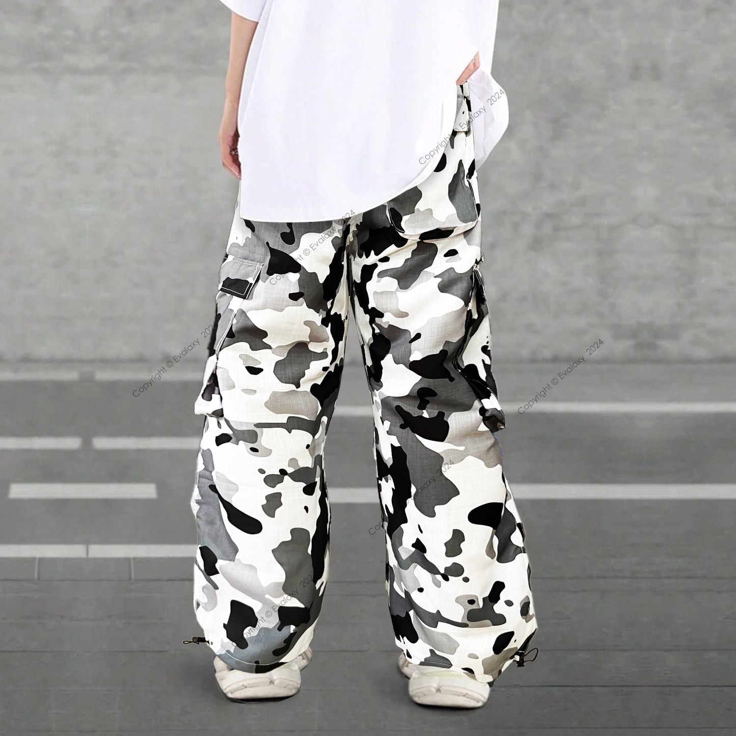 Unisex White Grey Camo Cargo Pants – Baggy Parachute Style for Men & Women