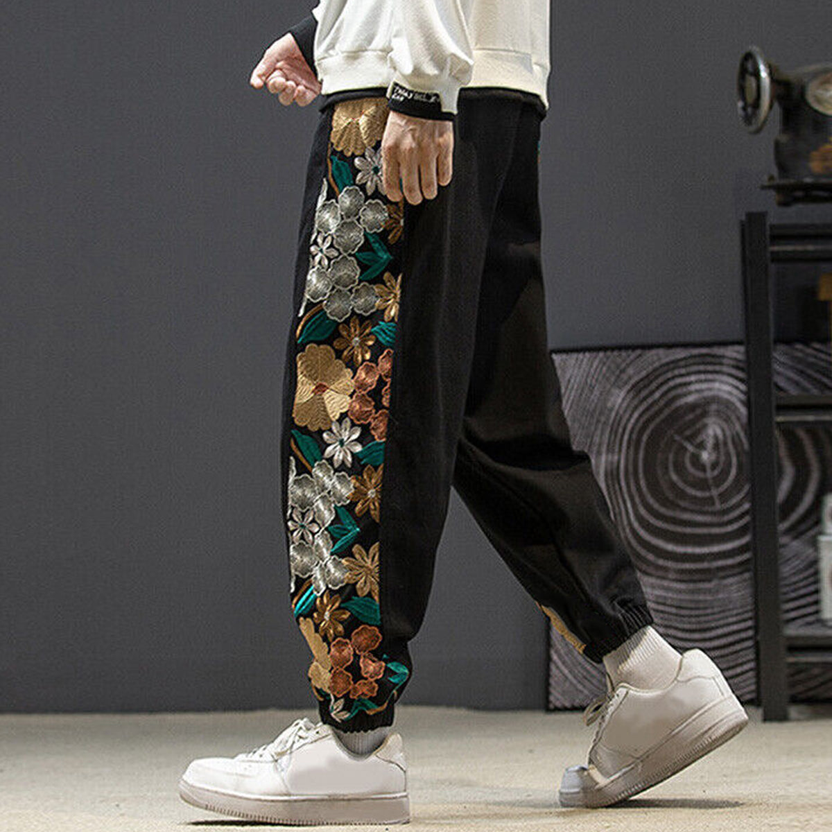 Black Side Floral Print Jogger Breathable Casual Harem Pants For Men & Women