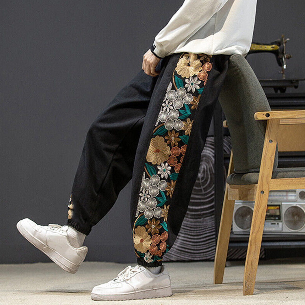 Black Side Floral Print Jogger Breathable Casual Harem Pants For Men & Women