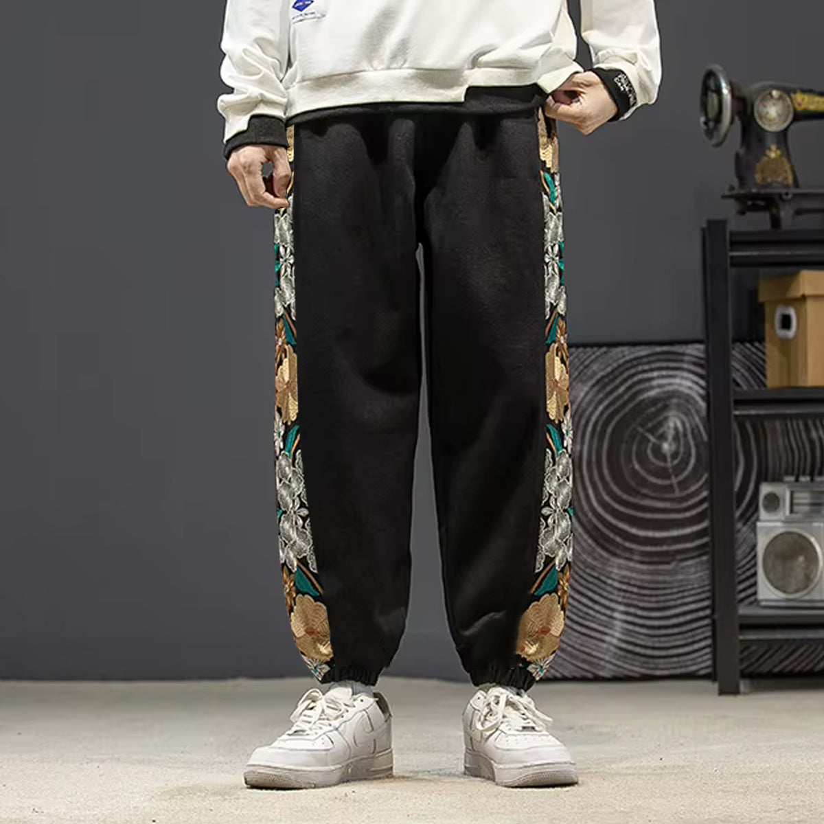 Black Side Floral Print Jogger Breathable Casual Harem Pants For Men & Women