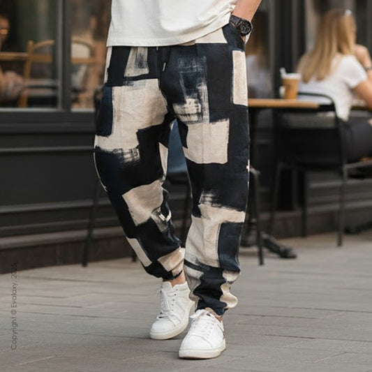 Evalaxy Unisex Brush-Stroke Joggers –Dark Blue & Cream Edition