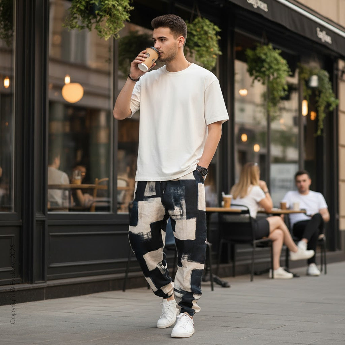 Evalaxy Unisex Brush-Stroke Joggers –Dark Blue & Cream Edition