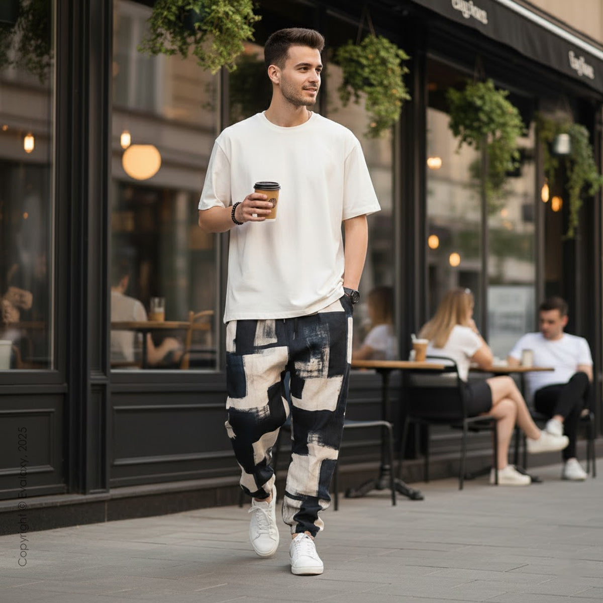 Evalaxy Unisex Brush-Stroke Joggers –Dark Blue & Cream Edition