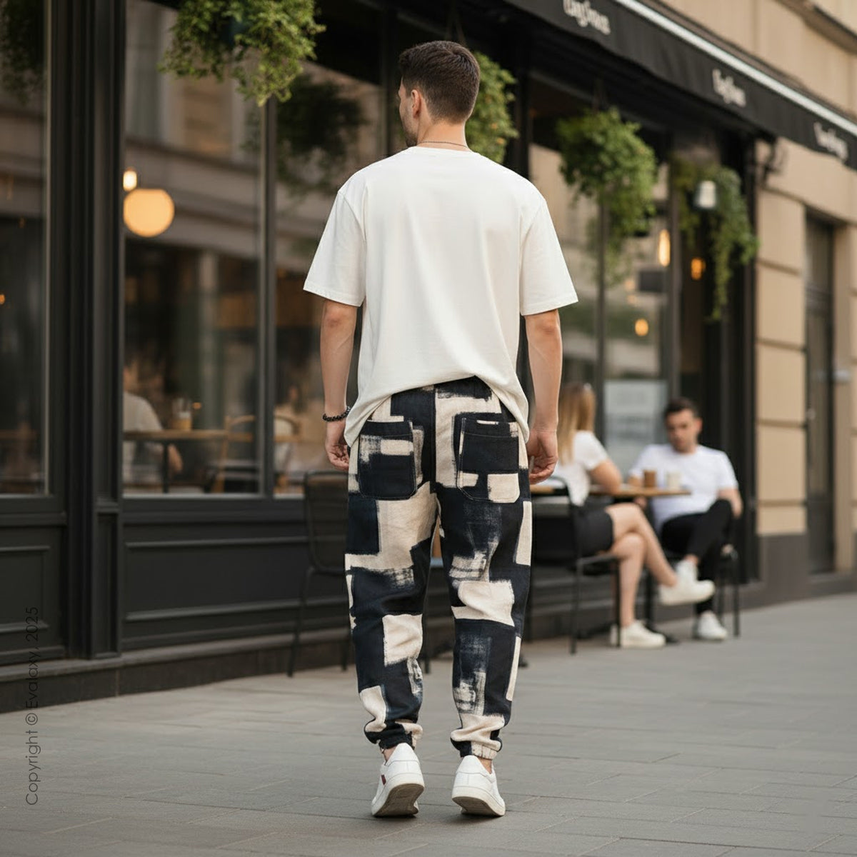 Evalaxy Unisex Brush-Stroke Joggers –Dark Blue & Cream Edition