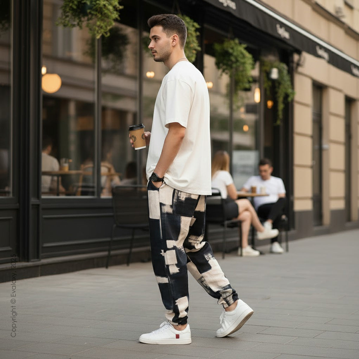 Evalaxy Unisex Brush-Stroke Joggers –Dark Blue & Cream Edition