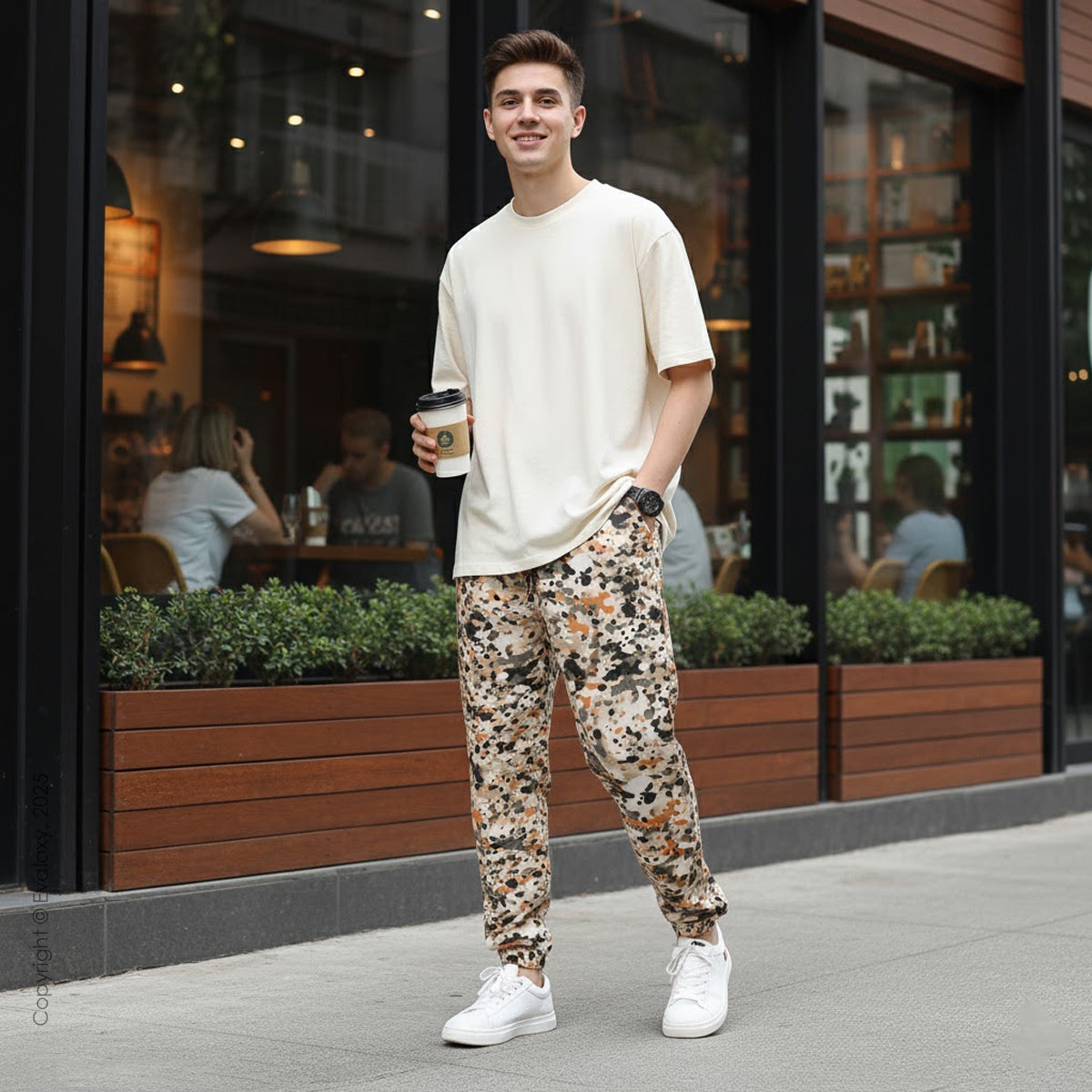 Evalaxy Unisex Splatter Camo Joggers – Beige Street Fit