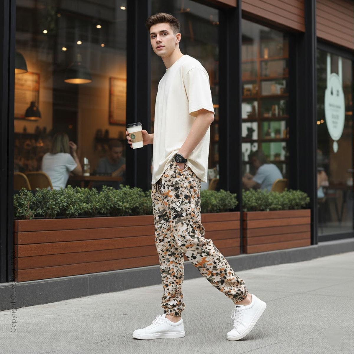 Evalaxy Unisex Splatter Camo Joggers – Beige Street Fit