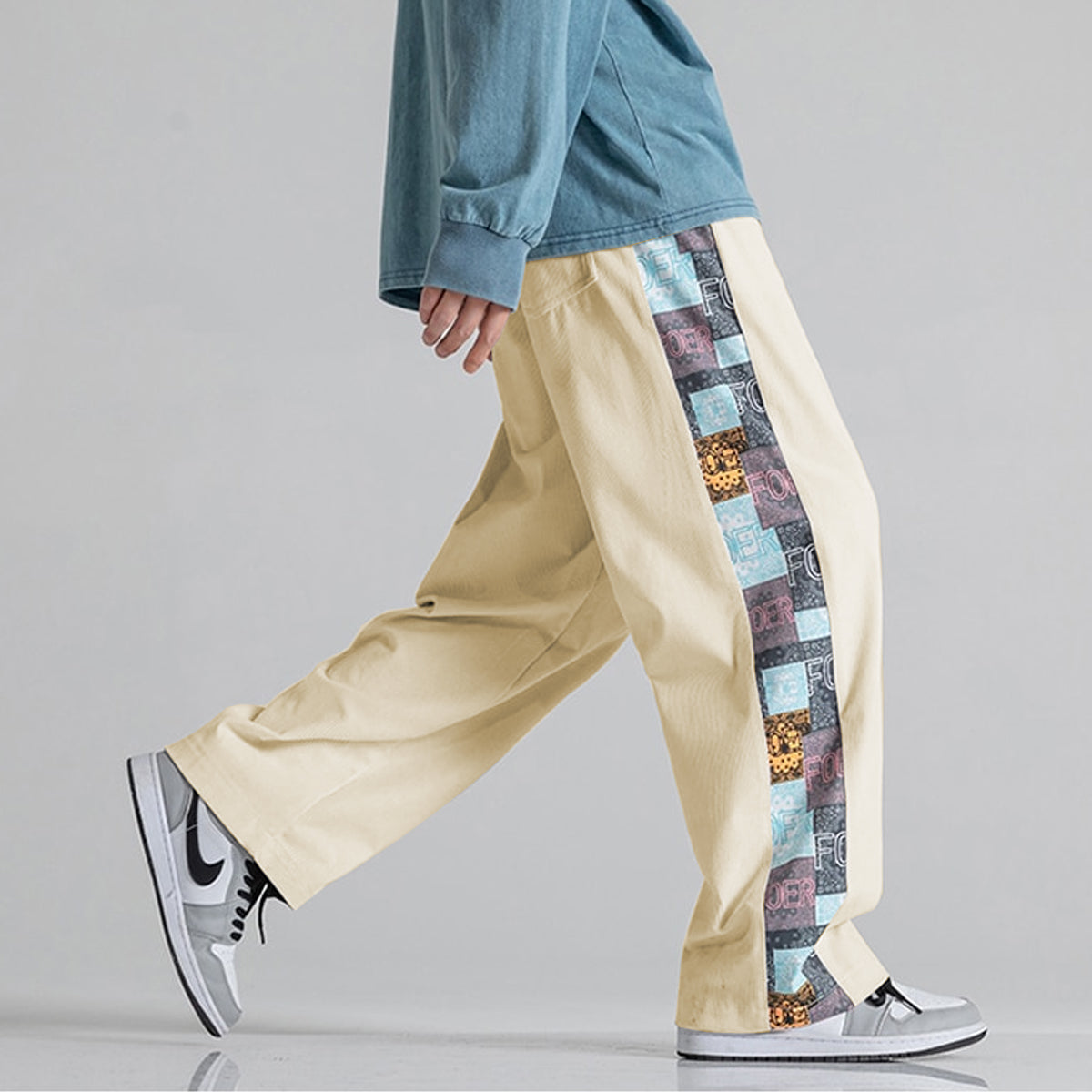 Beige Side Print Straight Relax-Fit Pants for Men & Women