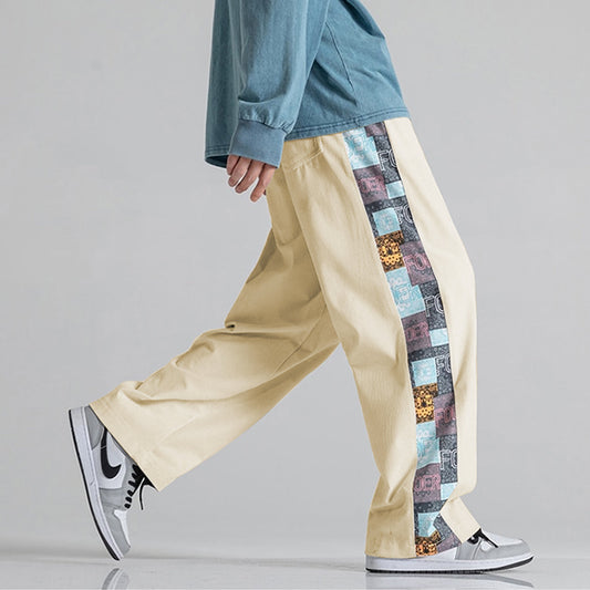 Beige Side Print Straight Relax-Fit Pants for Men & Women