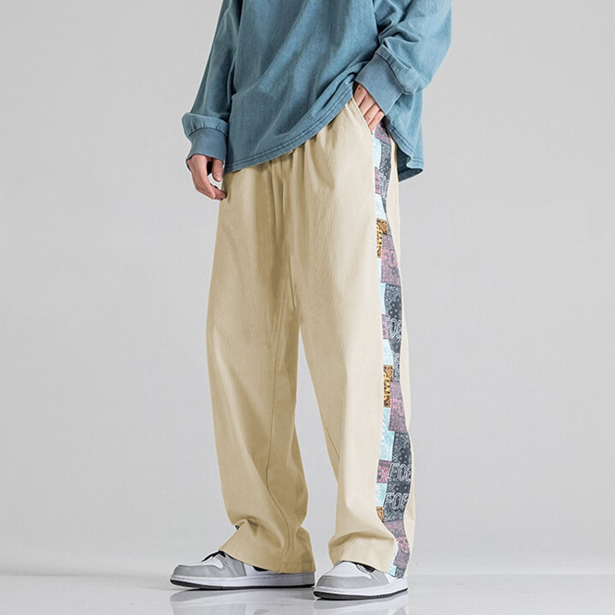 Beige Side Print Straight Relax-Fit Pants for Men & Women