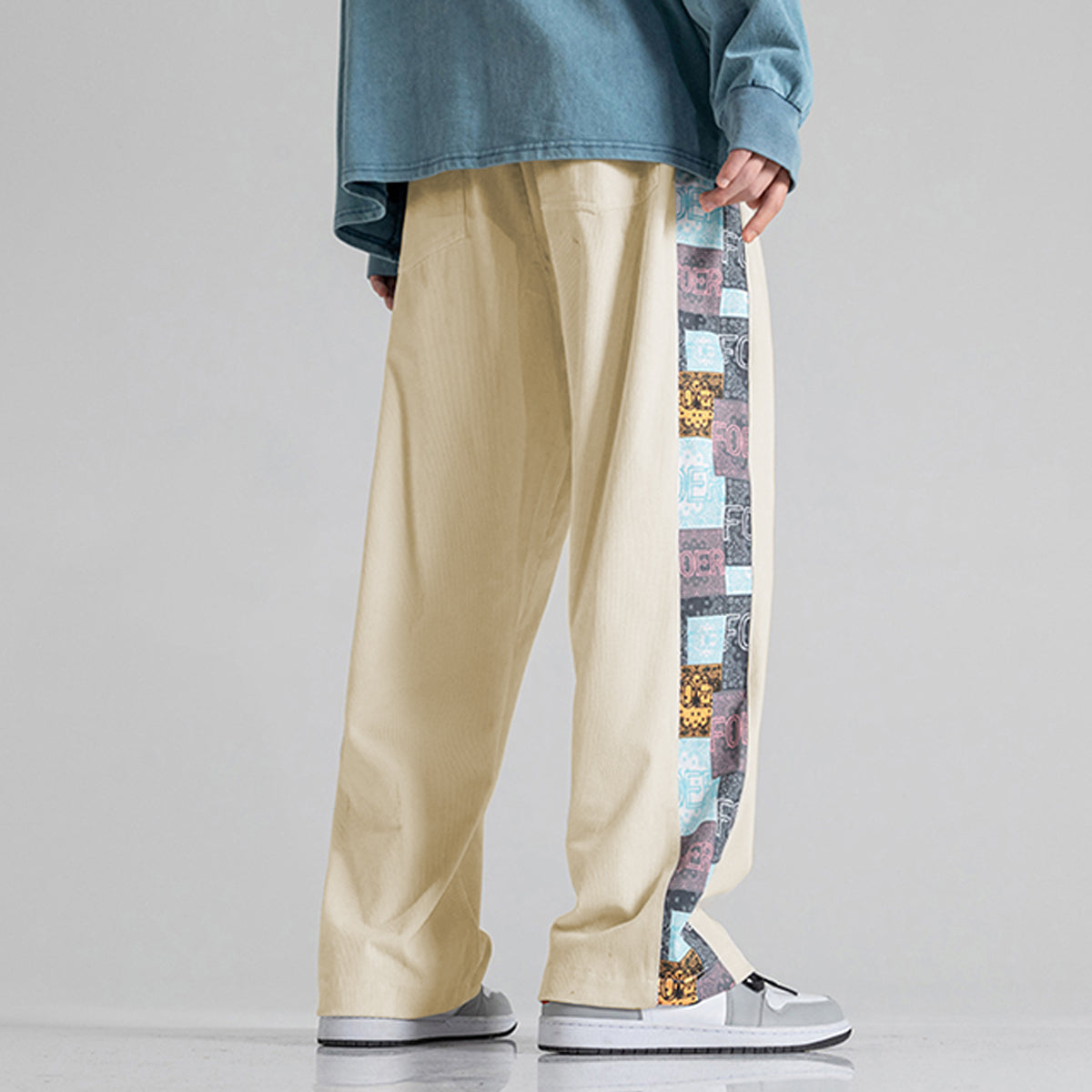 Beige Side Print Straight Relax-Fit Pants for Men & Women