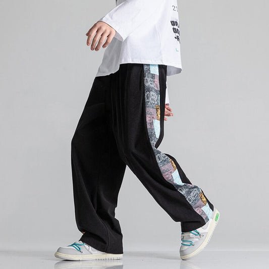 Black Side Print Straight Relax-Fit Pants for Men & Women
