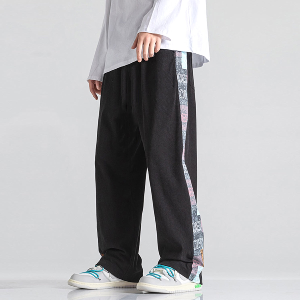 Black Side Print Straight Relax-Fit Pants for Men & Women