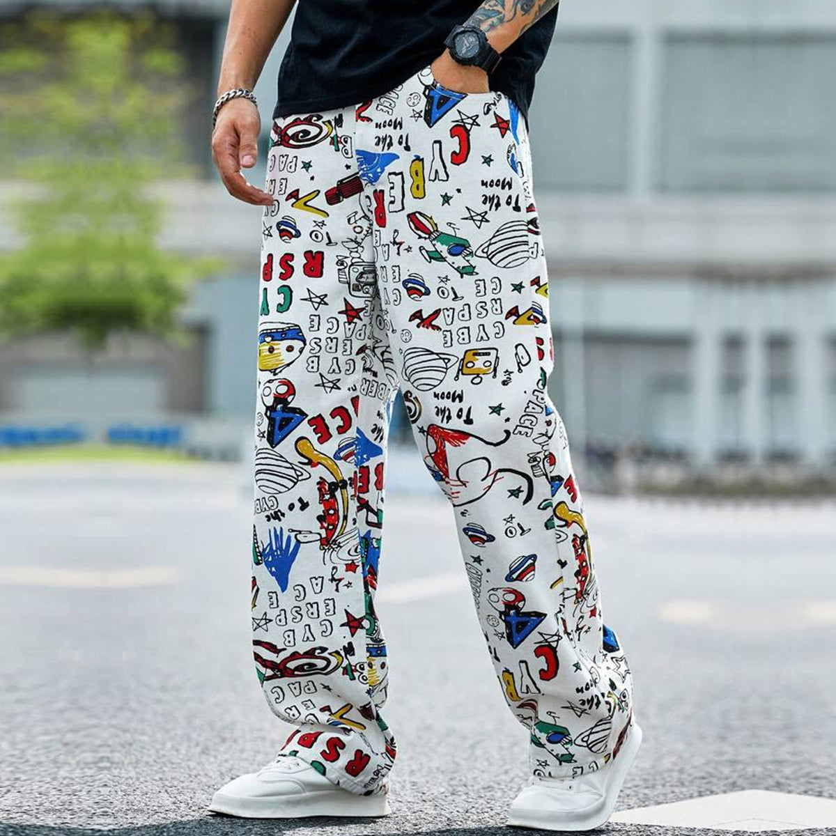 White Colorful Text  Straight Pants for Men & Women